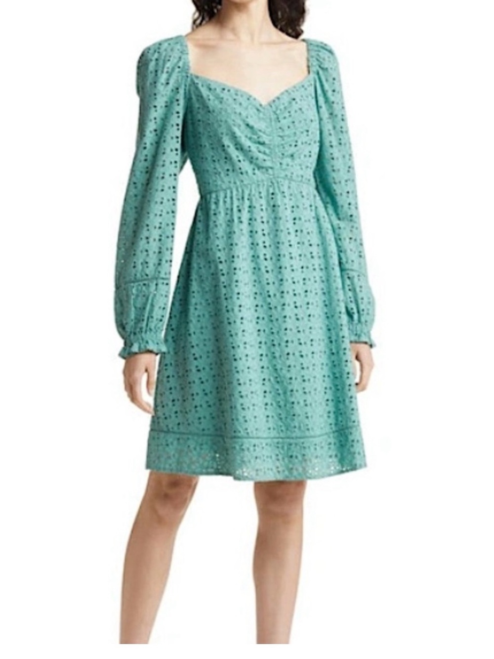 Chelsea 28 Cinched Front Eyelet Long Sleeve Dress in Green Seaglass
